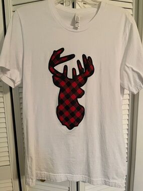 Bella Canvas White Tee with Red & Black Buffalo Plaid Deer Graphic